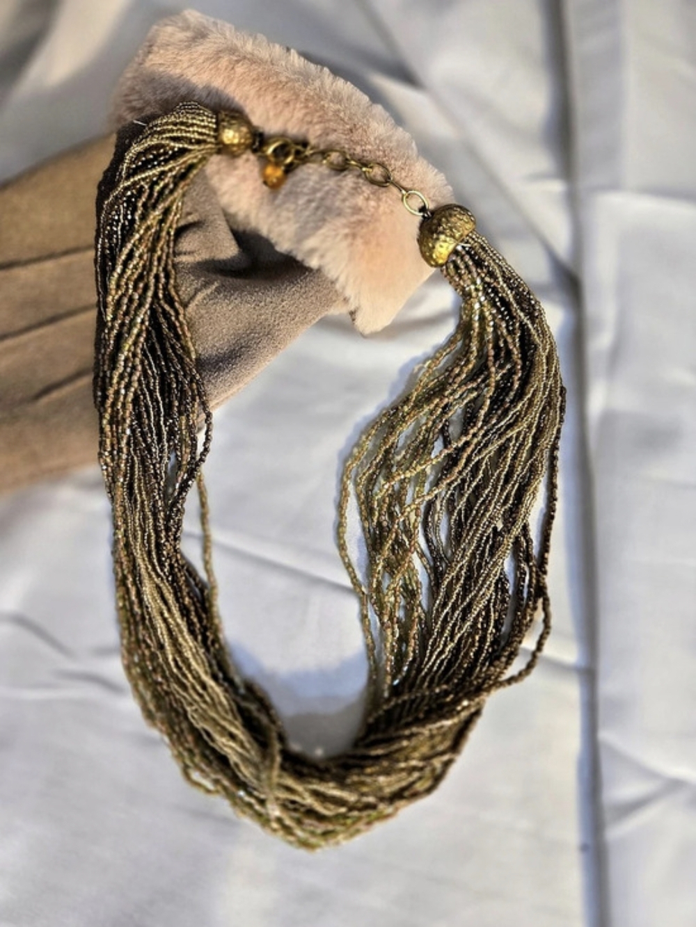 Multistrand Tassel Necklace in Gold & Brown Like New